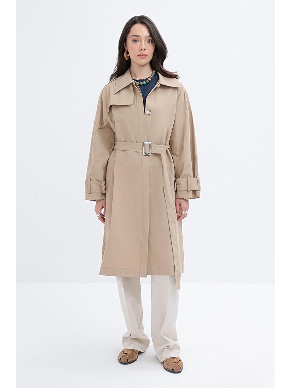 Bej-Kemerli Cepli Rüzgarlıklı Trençkot-2