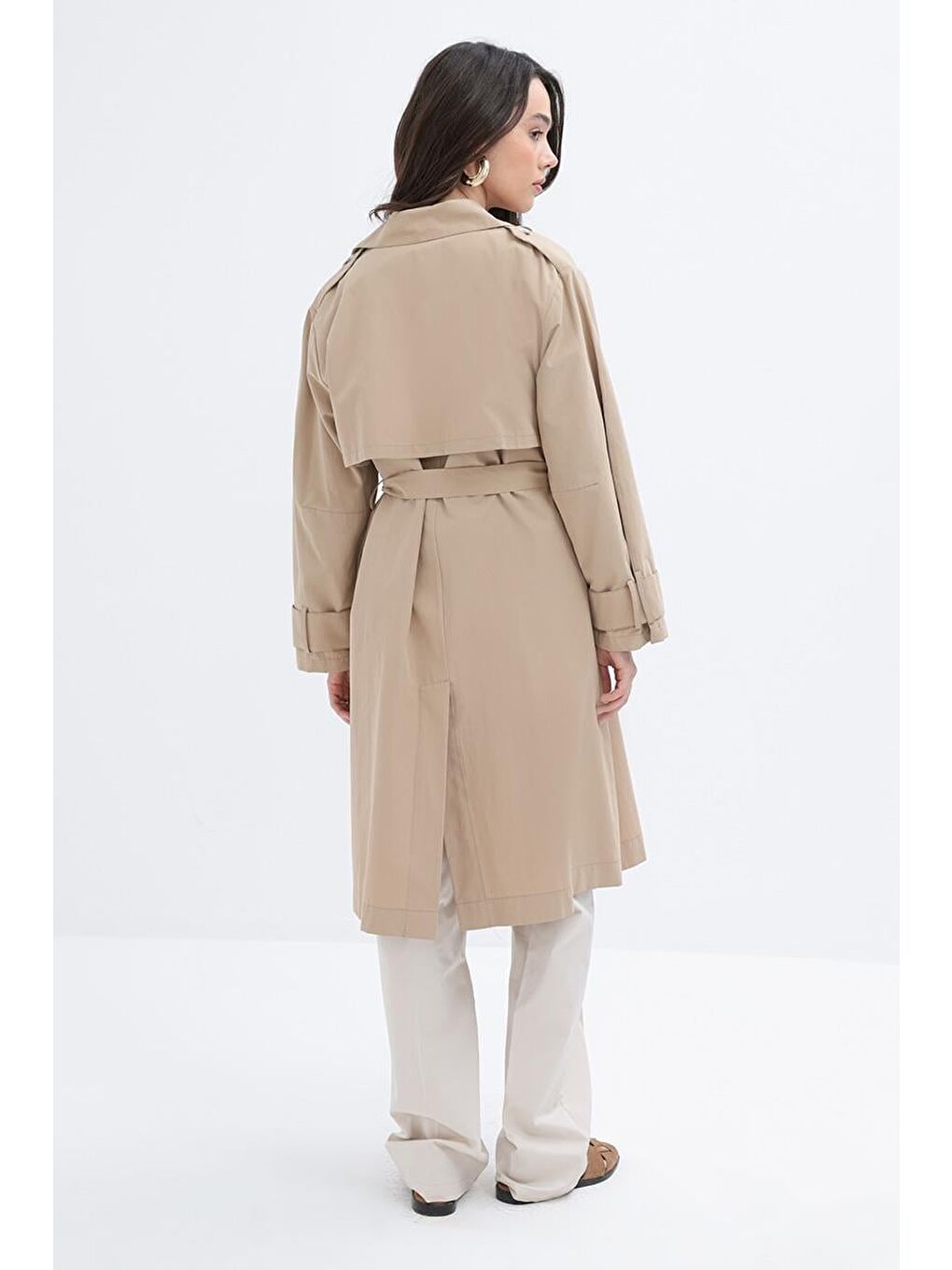 Bej-Kemerli Cepli Rüzgarlıklı Trençkot-4