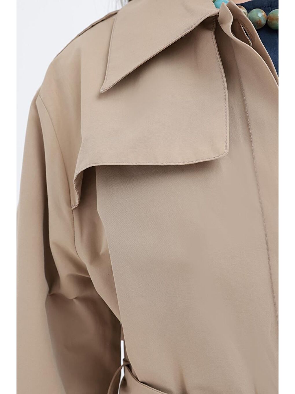 Bej-Kemerli Cepli Rüzgarlıklı Trençkot-5