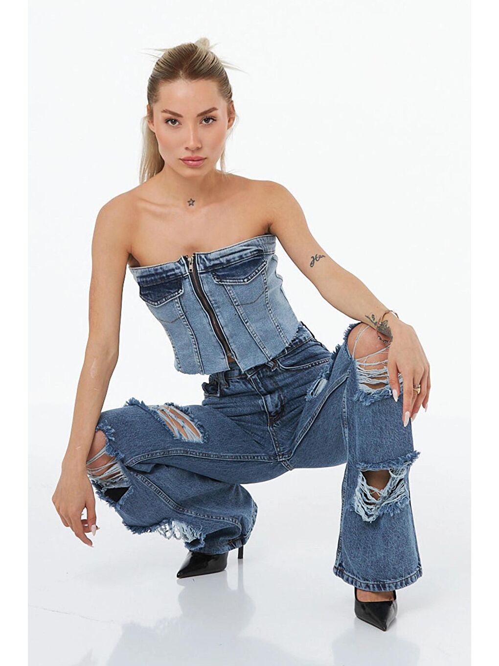 Mavi Fermuarlı Straplez Gipeli Denim Büstiyer