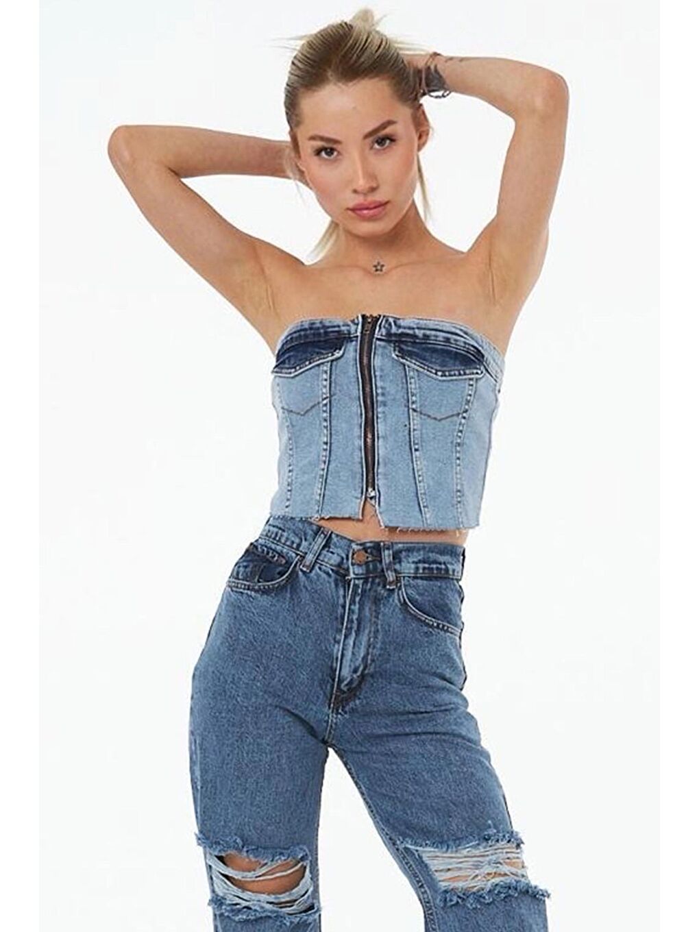 Mavi Fermuarlı Straplez Gipeli Denim Büstiyer-1