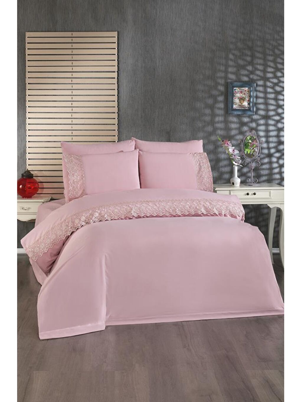 Pembe Fransız Dantelli Reyhan Çeyizlik Nevresim Takımı Pudra-1