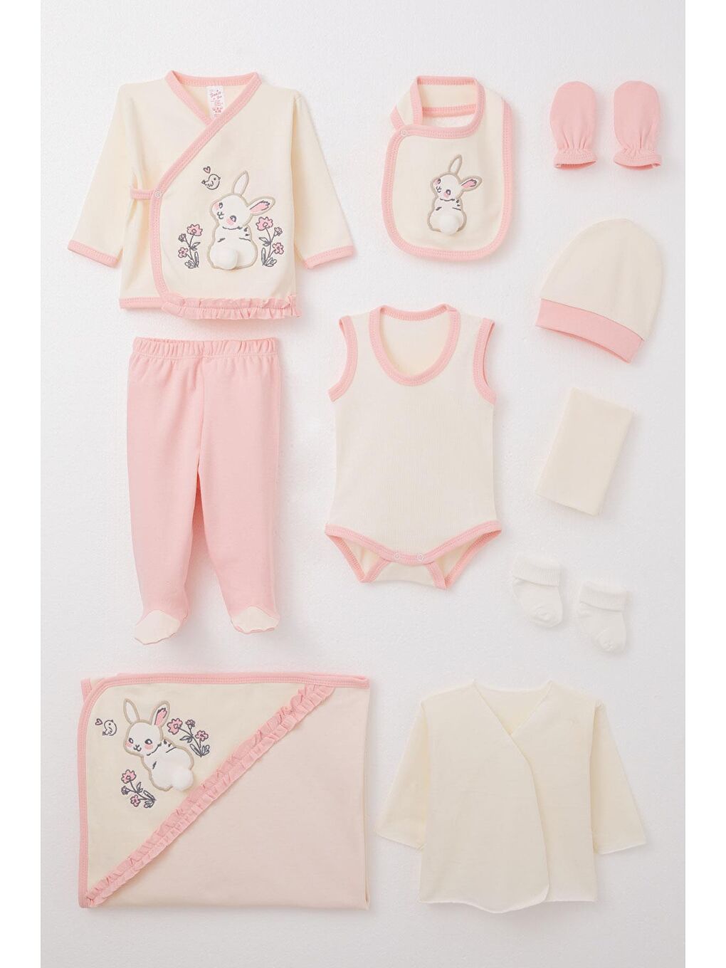 Ekru Kız Bebek Hastane Çıkışı 10 Lu Tavşan Nakışlı & Çiçekli Krem (0-3 Ay)