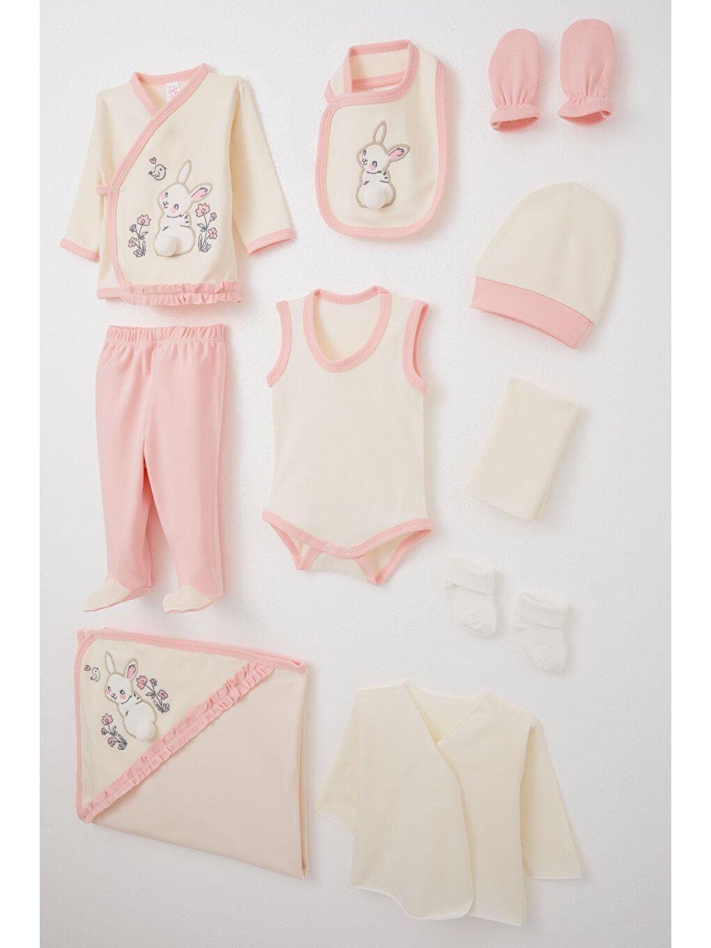 Ekru Kız Bebek Hastane Çıkışı 10 Lu Tavşan Nakışlı & Çiçekli Krem (0-3 Ay)-1