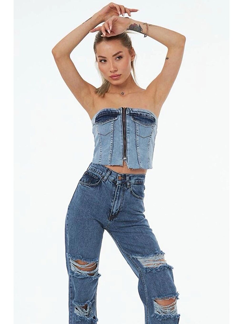 Mavi Fermuarlı Straplez Gipeli Denim Büstiyer-2