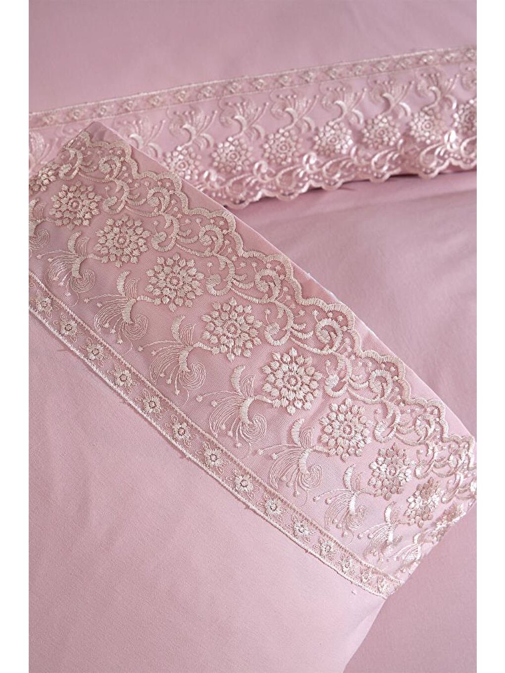 Pembe Fransız Dantelli Reyhan Çeyizlik Nevresim Takımı Pudra-3