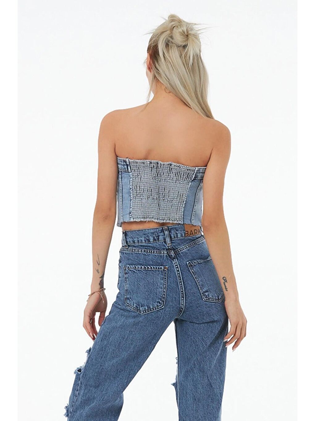 Mavi Fermuarlı Straplez Gipeli Denim Büstiyer-3