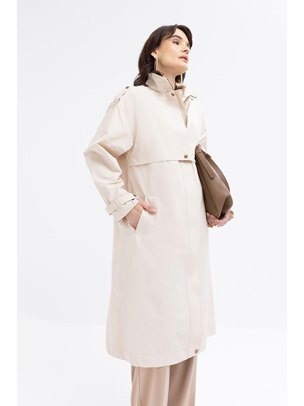 Bej Taş-Cepli Rüzgarlıklı Trençkot