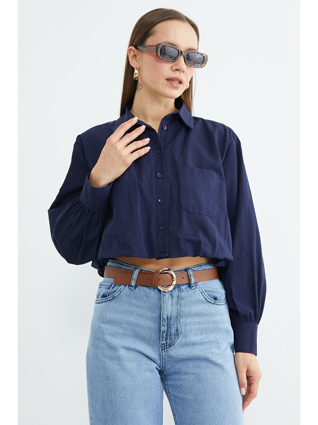 Lacivert Düğmeli Tek Cepli Crop Gömlek-1