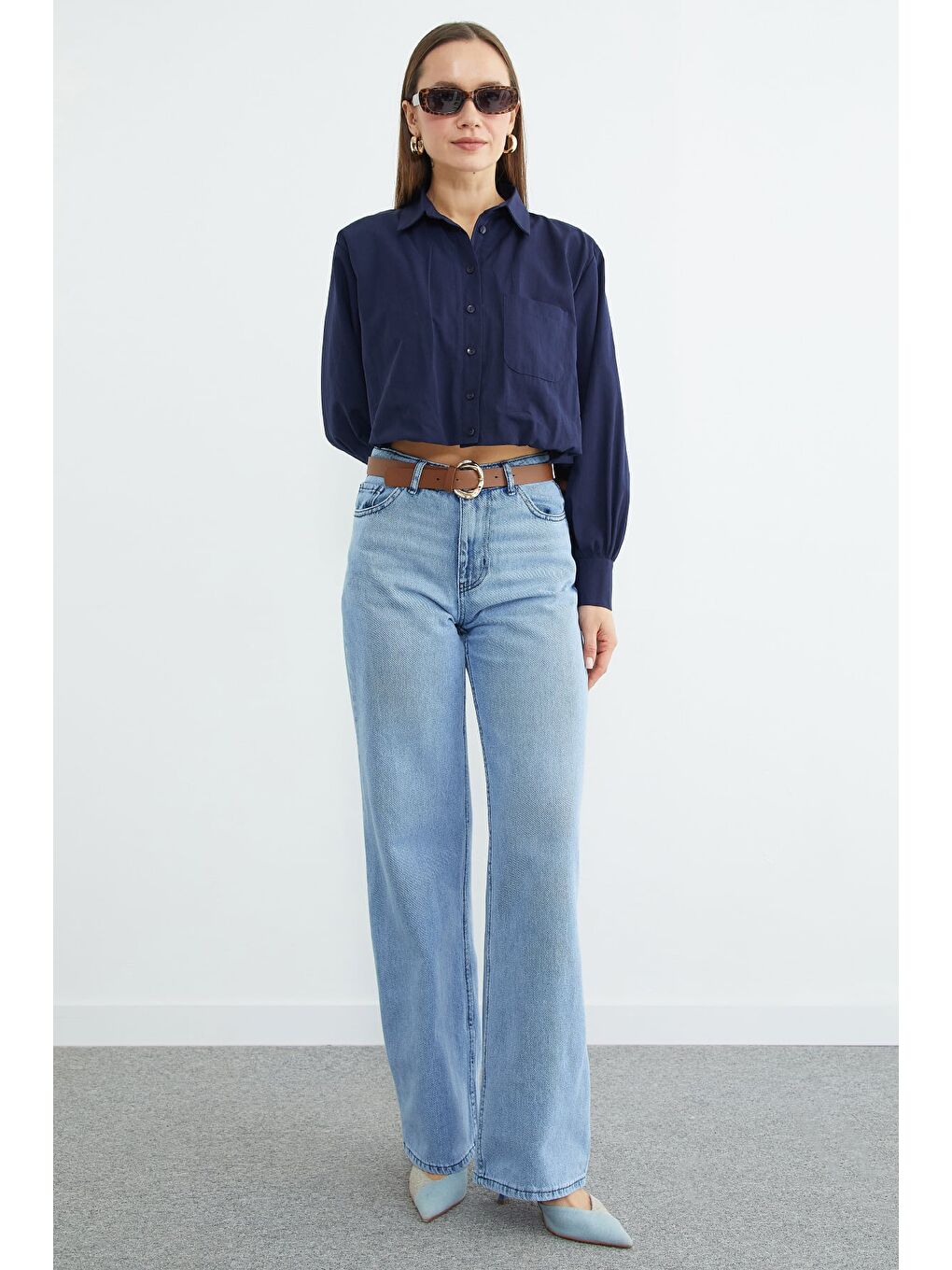 Lacivert Düğmeli Tek Cepli Crop Gömlek-2