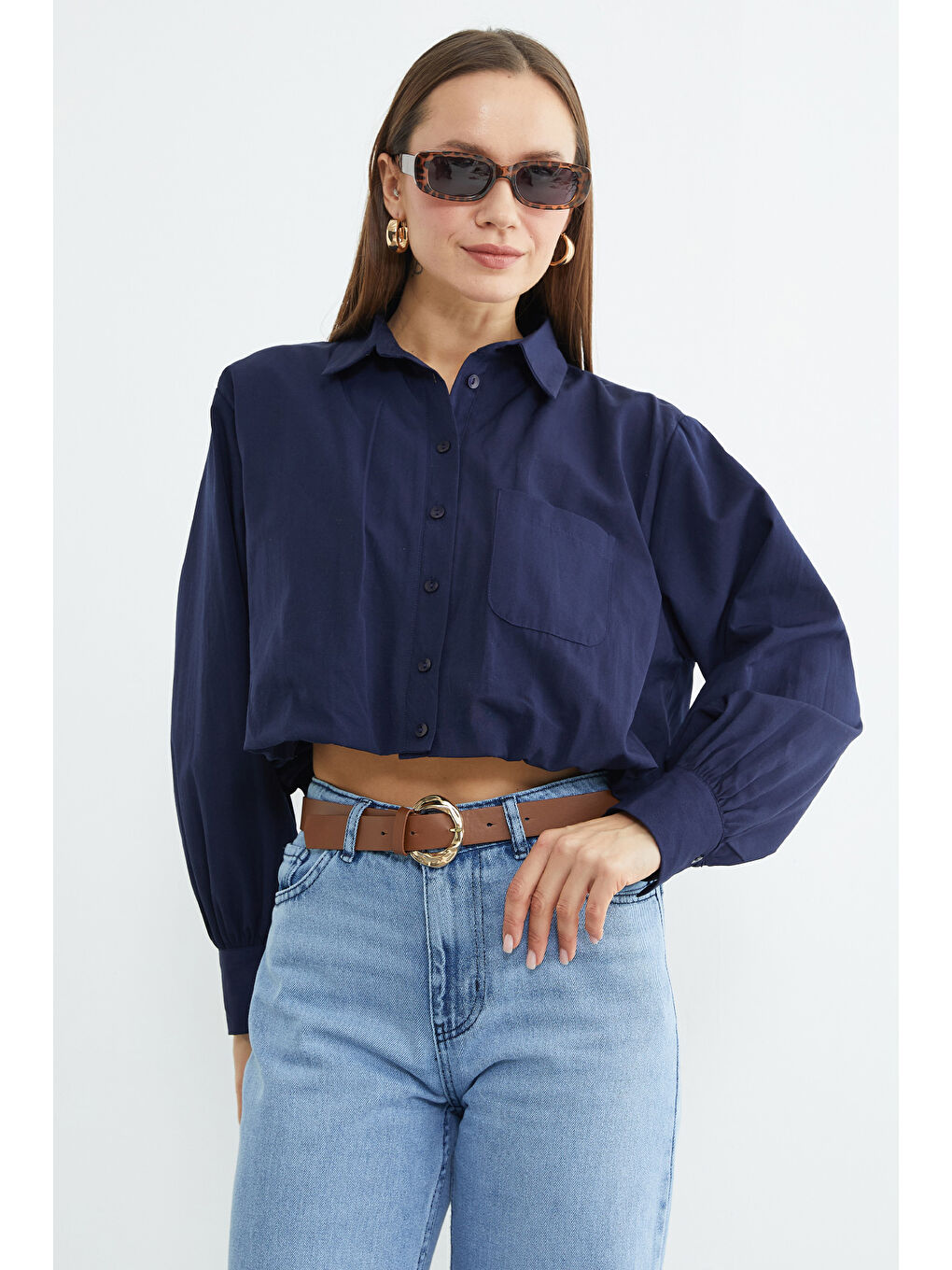 Lacivert Düğmeli Tek Cepli Crop Gömlek-3