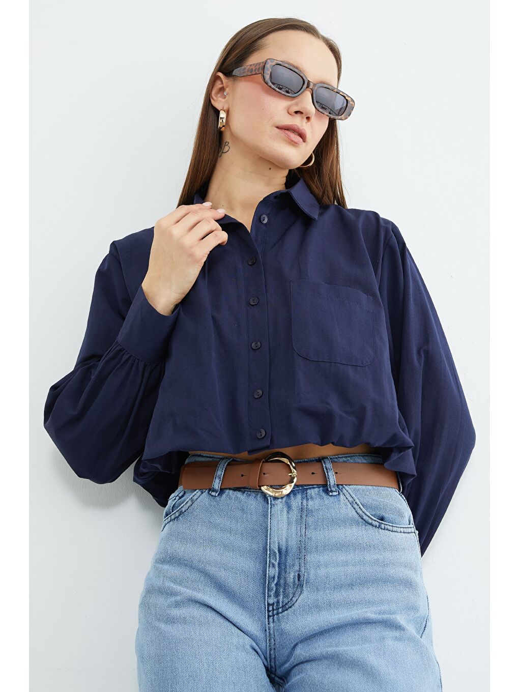 Lacivert Düğmeli Tek Cepli Crop Gömlek-4