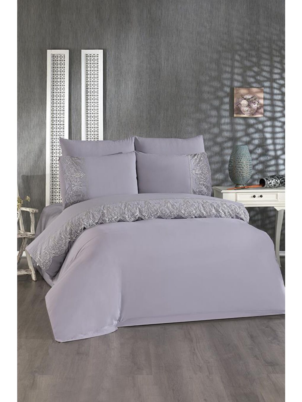 Fransız Dantelli Sezen Çeyizlik Nevresim Takımı Gri-1