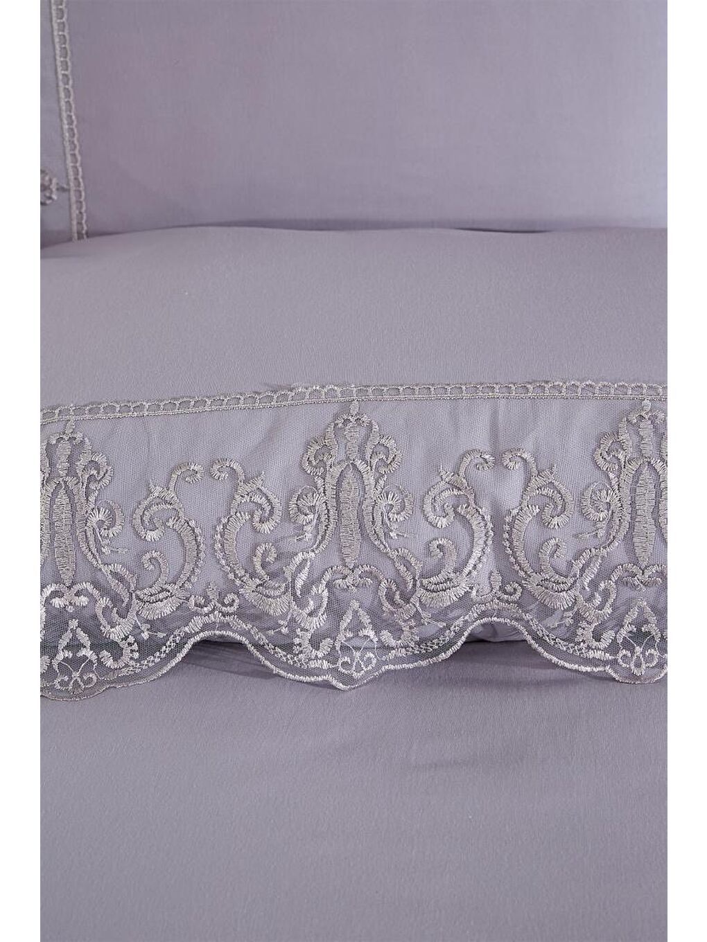 Fransız Dantelli Sezen Çeyizlik Nevresim Takımı Gri-2