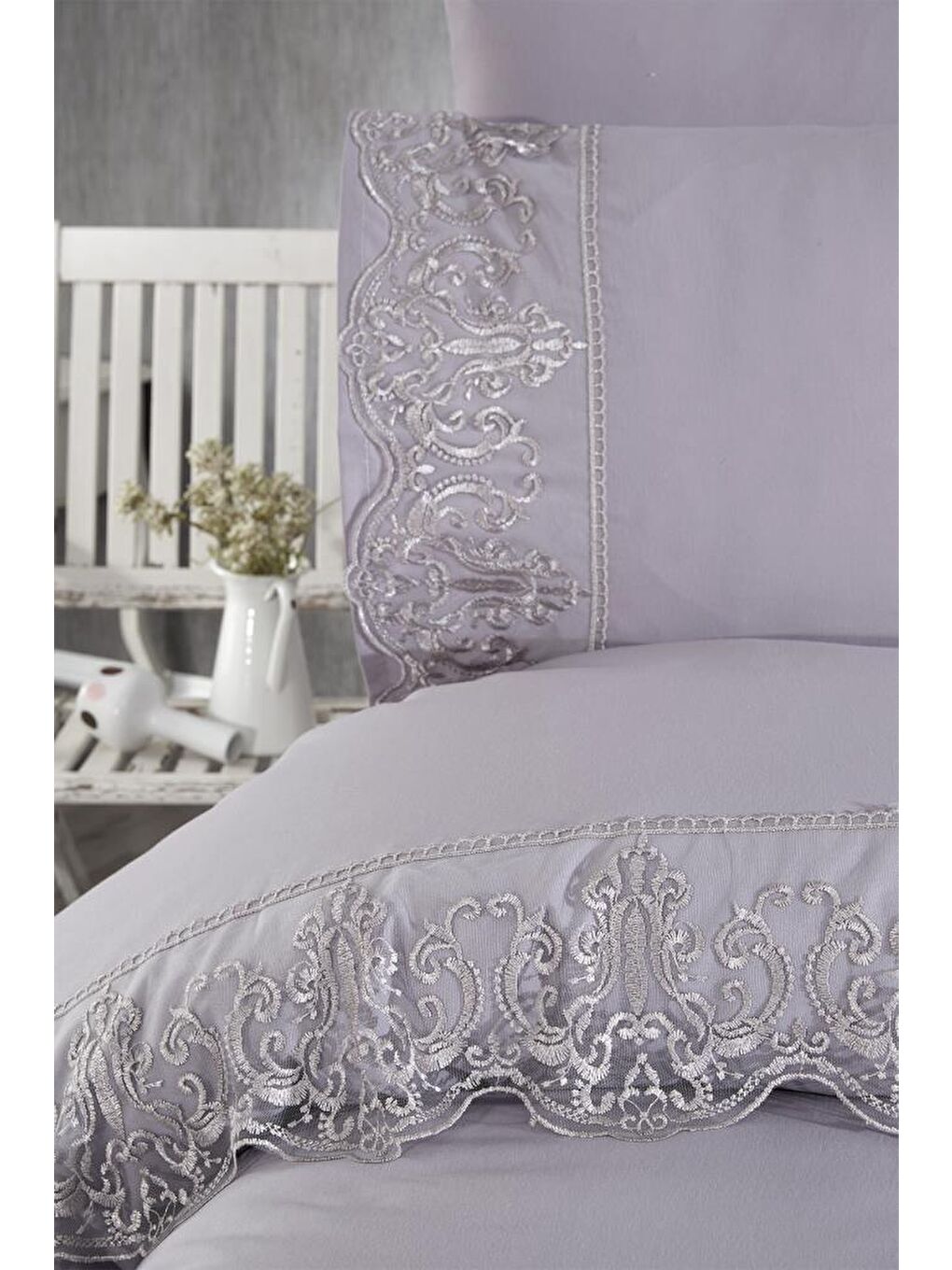 Fransız Dantelli Sezen Çeyizlik Nevresim Takımı Gri-3