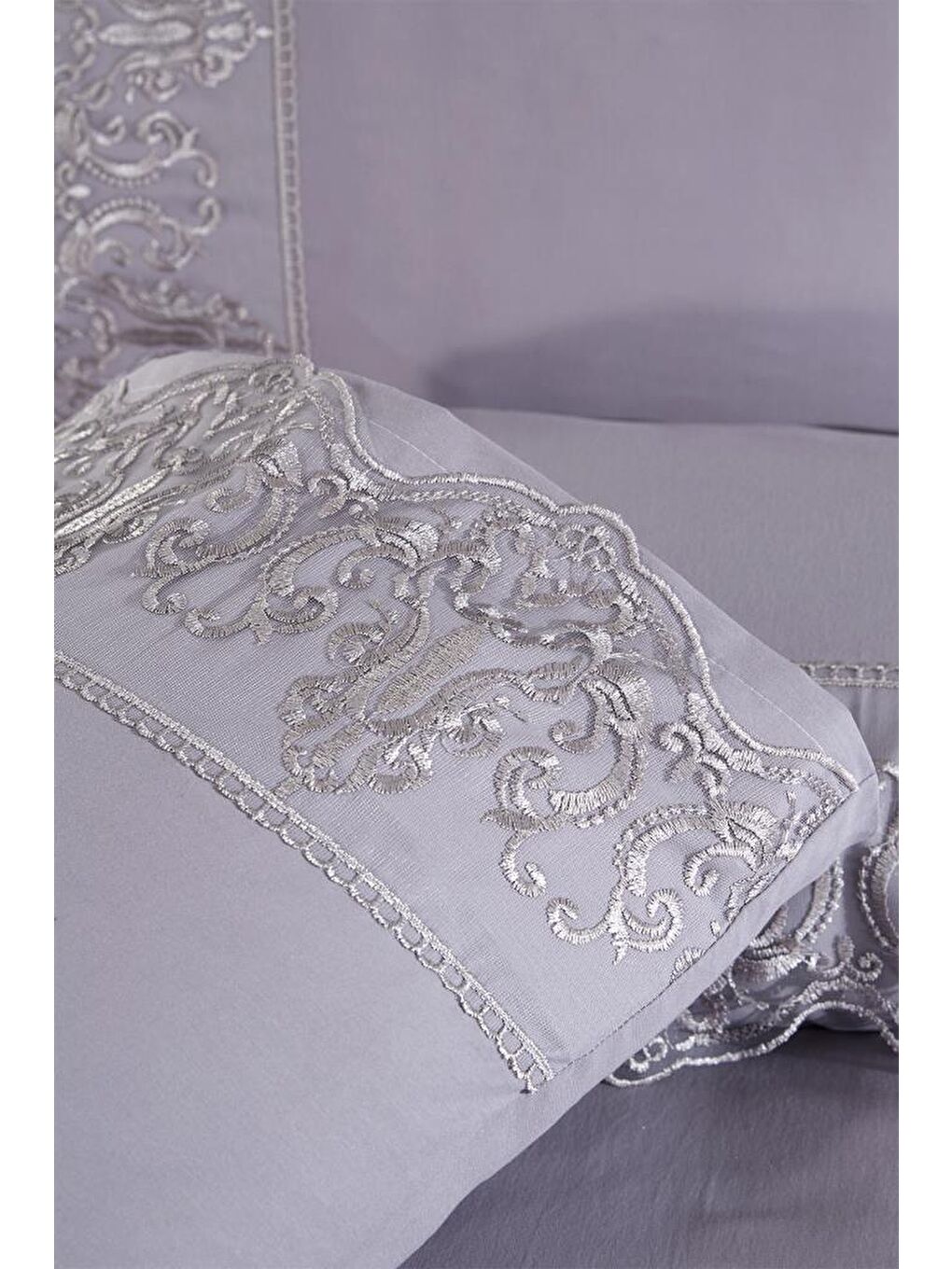 Fransız Dantelli Sezen Çeyizlik Nevresim Takımı Gri-5