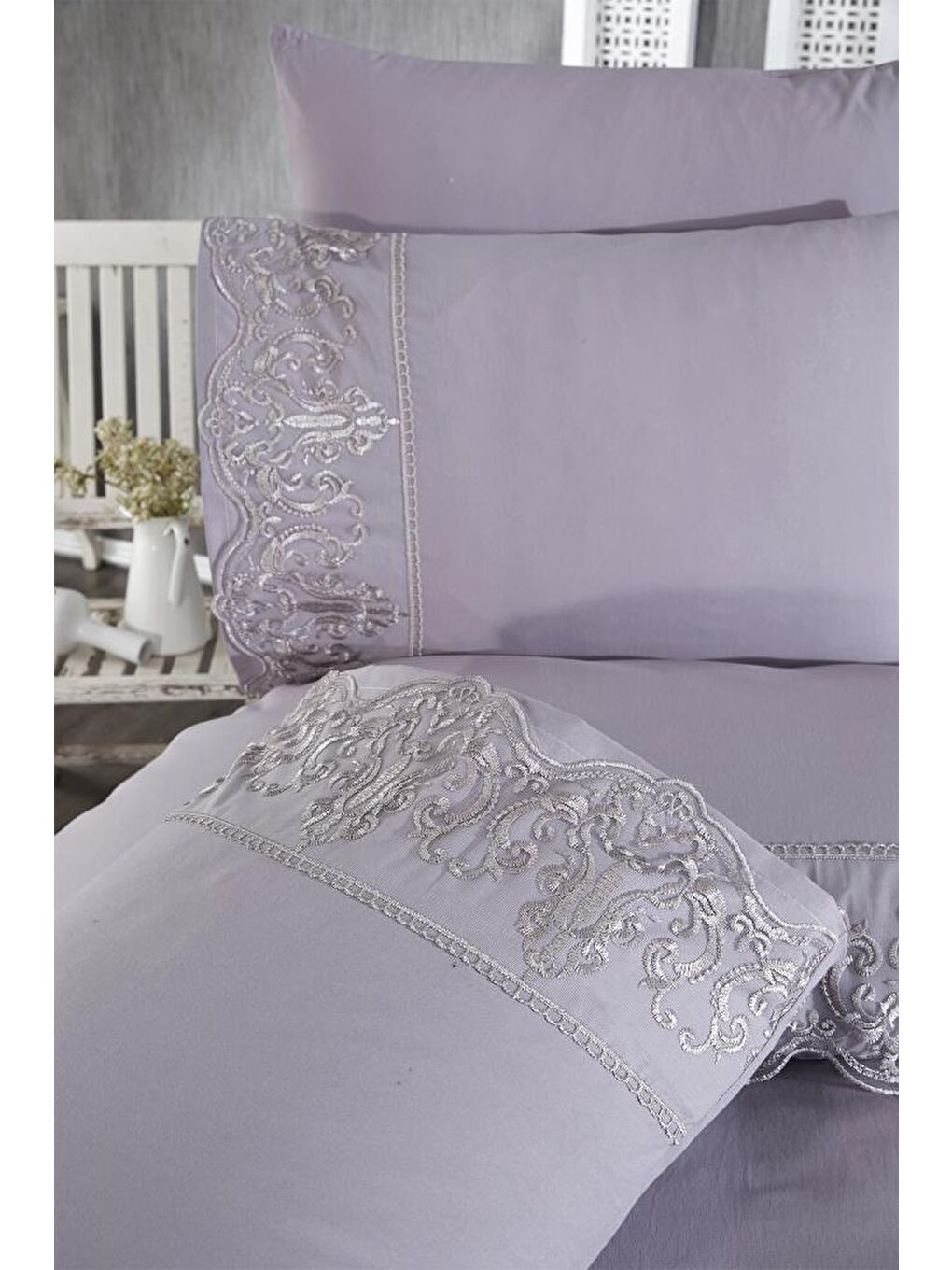 Fransız Dantelli Sezen Çeyizlik Nevresim Takımı Gri-6