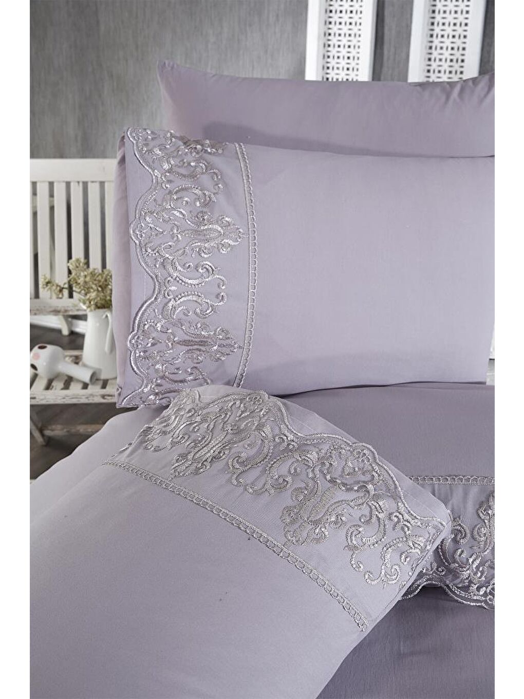 Fransız Dantelli Sezen Çeyizlik Nevresim Takımı Gri-7