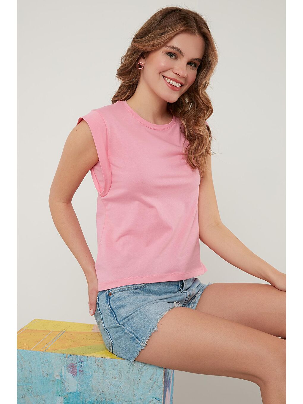 Pembe Pamuklu Bisiklet Yaka Basic T Shirt 5864201