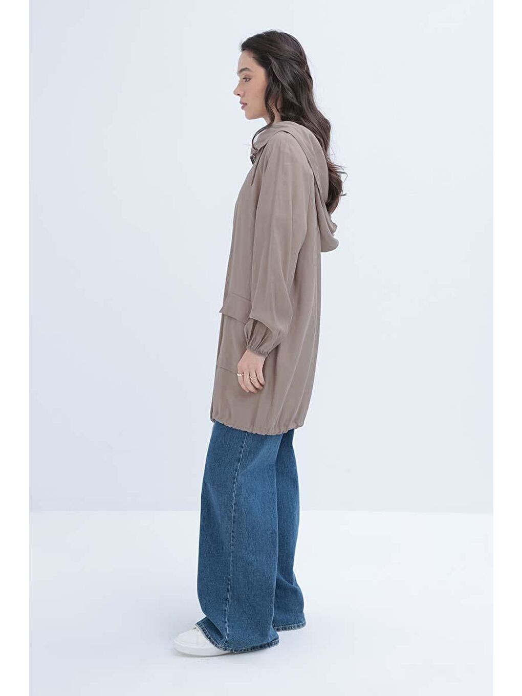 Bej Vizon Kapüşonlu Cepli Fermuarlı Kap-2