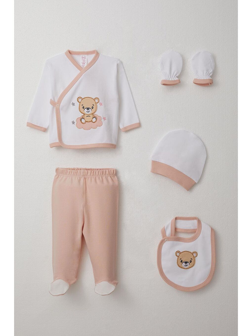 Kız Bebek Hastane Çıkışı 5 Li Sevimli Ayıcık Nakışlı Beyaz (0-3 Ay)