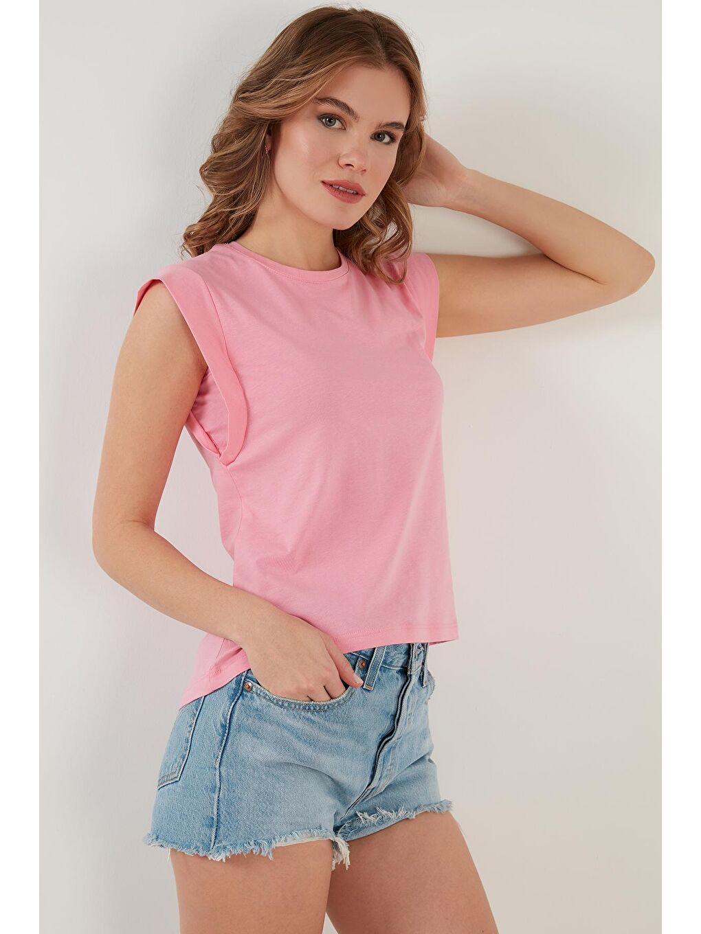 Pembe Pamuklu Bisiklet Yaka Basic T Shirt 5864201-2