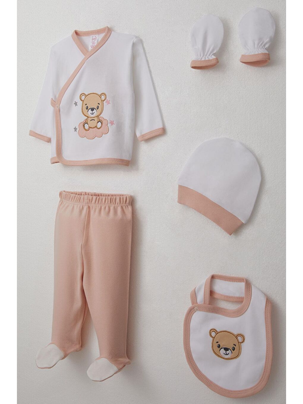 Kız Bebek Hastane Çıkışı 5 Li Sevimli Ayıcık Nakışlı Beyaz (0-3 Ay)-1