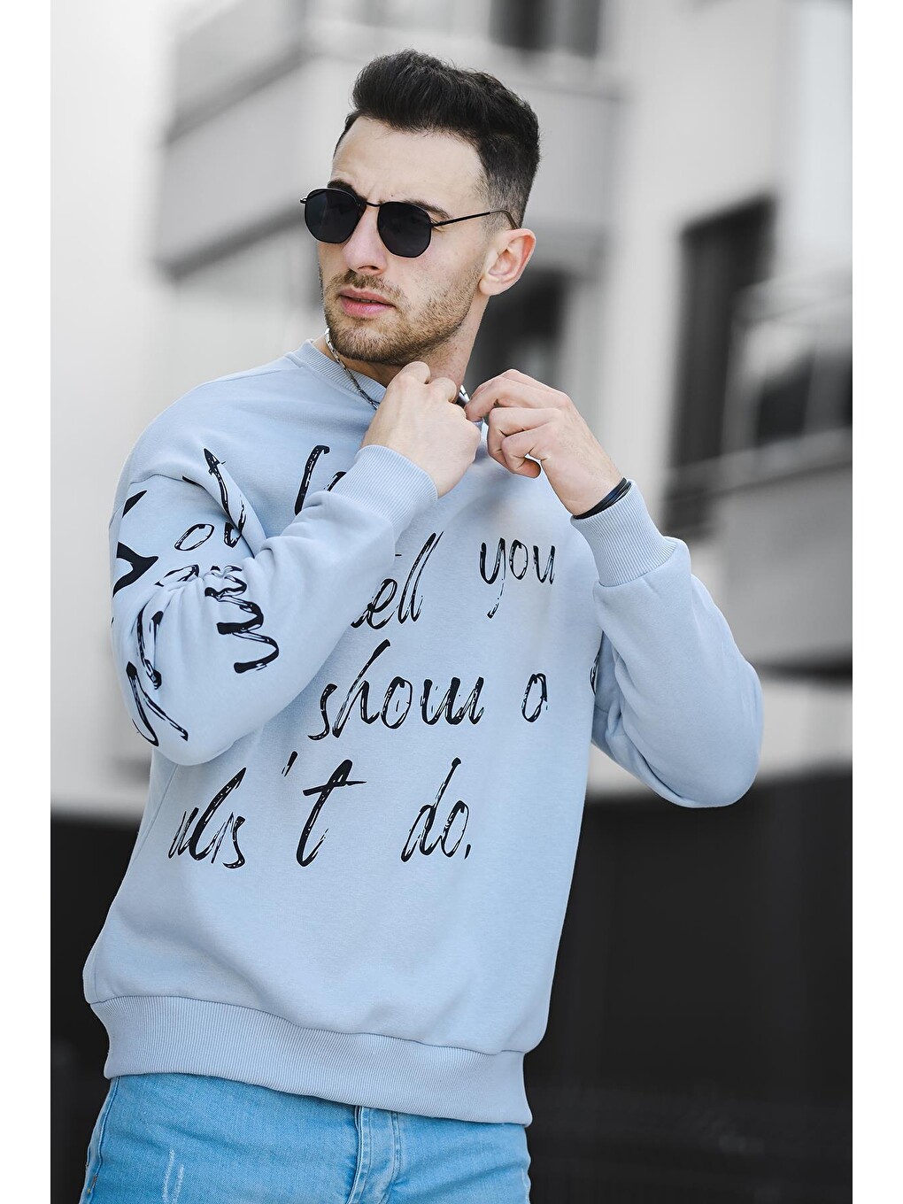Gri Üç İplik Şardonlu Baskılı Bisiklet Yaka Erkek Sweatshirt
