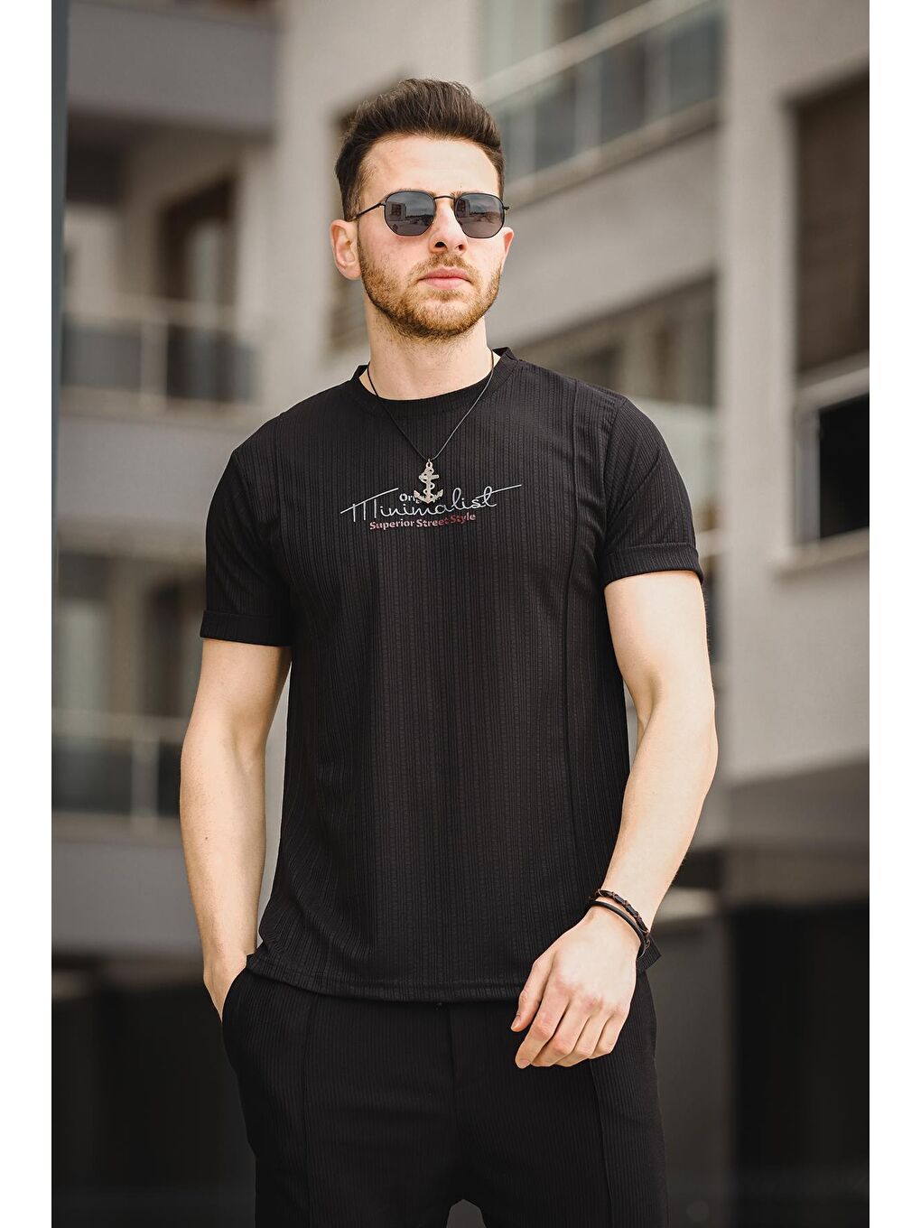 Siyah Baskılı Slim Fit Elastanlı Erkek Tişört