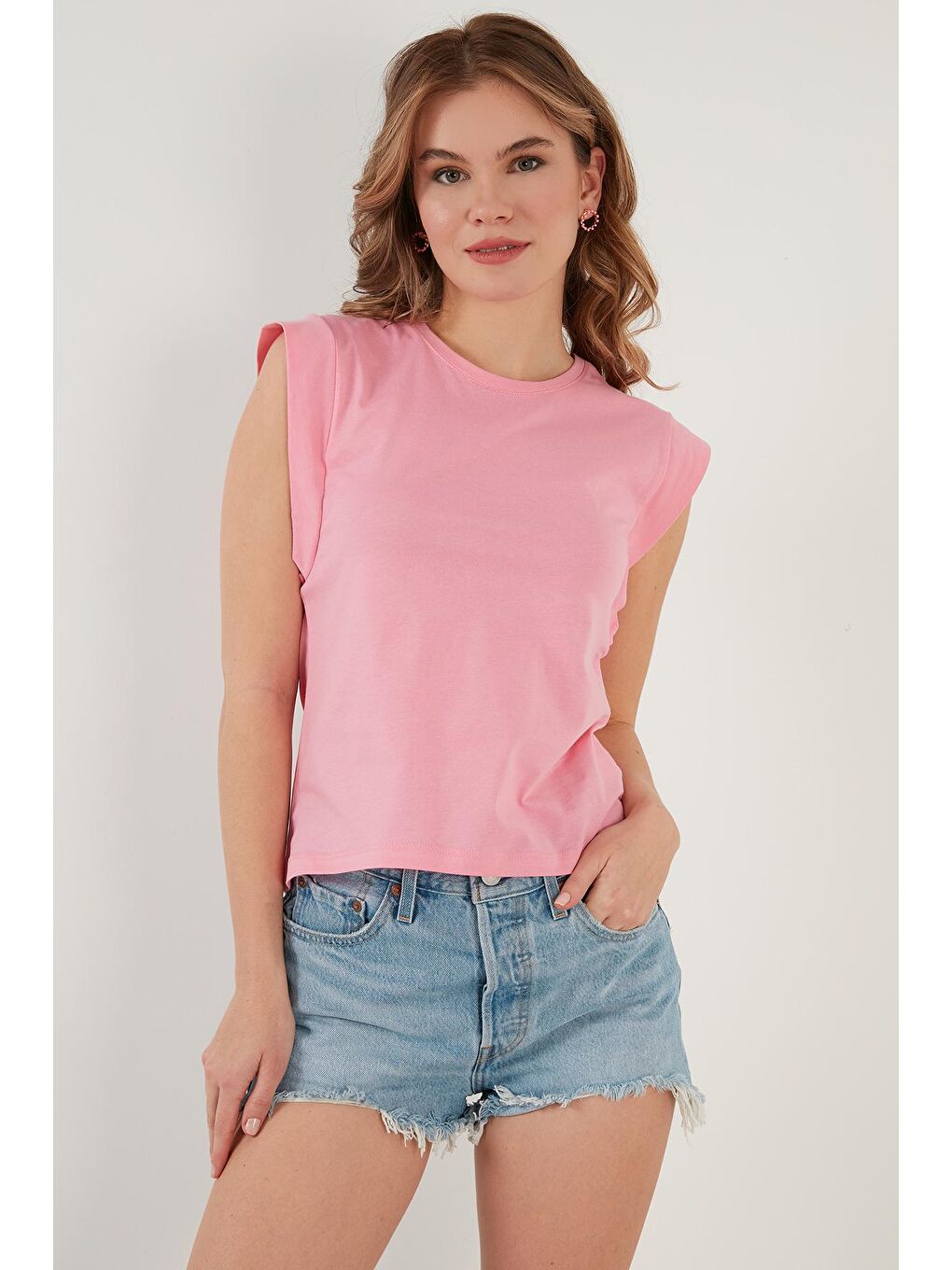 Pembe Pamuklu Bisiklet Yaka Basic T Shirt 5864201-3