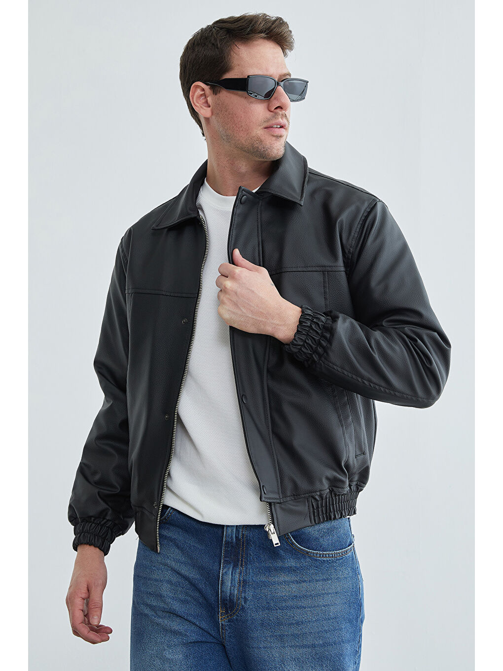 Siyah Fermuarlı Polo Yaka Erkek Bomber Suni Deri Ceket