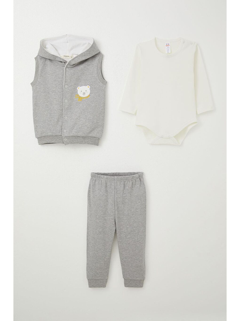 Erkek Bebek Zıbınlı 3 Lü Takım Sevimli Ayıcık Nakışlı Kapüşonlu Koyu Gri Melanj (4-9 Ay)