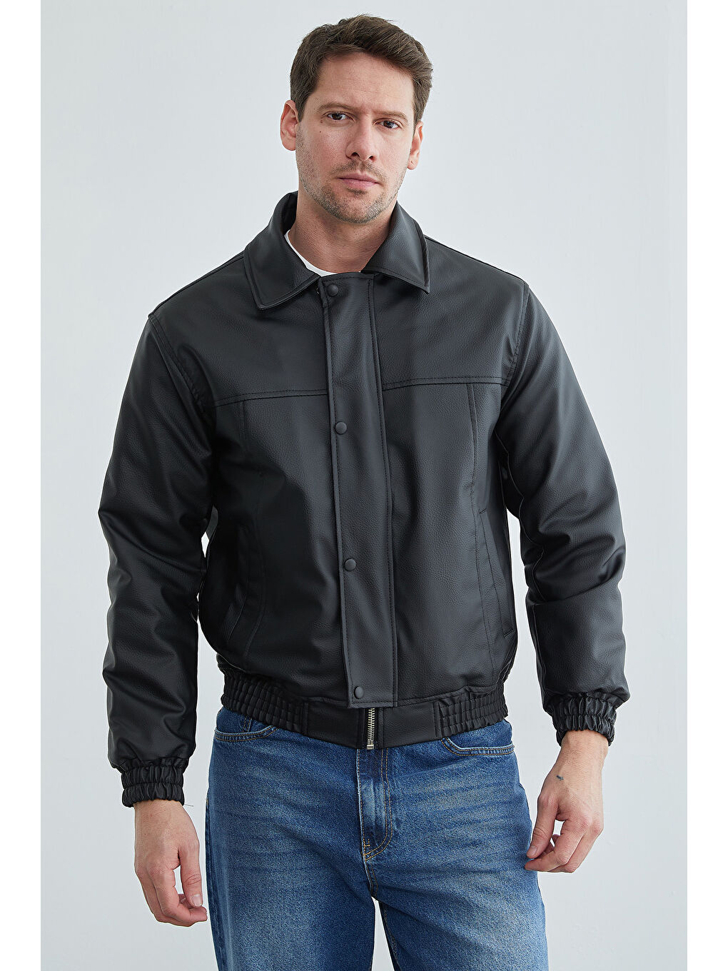 Siyah Fermuarlı Polo Yaka Erkek Bomber Suni Deri Ceket-1