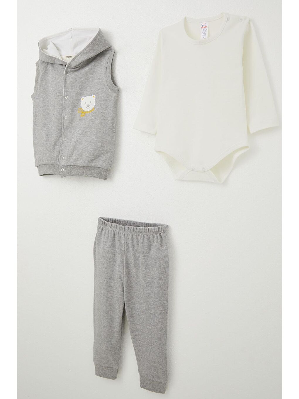 Erkek Bebek Zıbınlı 3 Lü Takım Sevimli Ayıcık Nakışlı Kapüşonlu Koyu Gri Melanj (4-9 Ay)-1