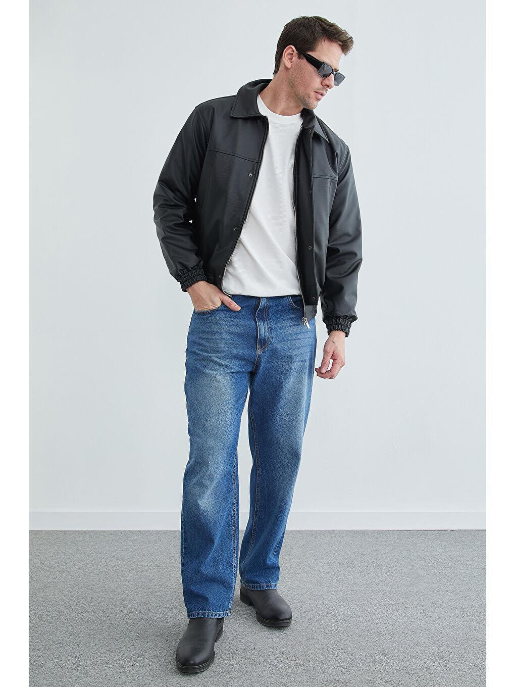 Siyah Fermuarlı Polo Yaka Erkek Bomber Suni Deri Ceket-3