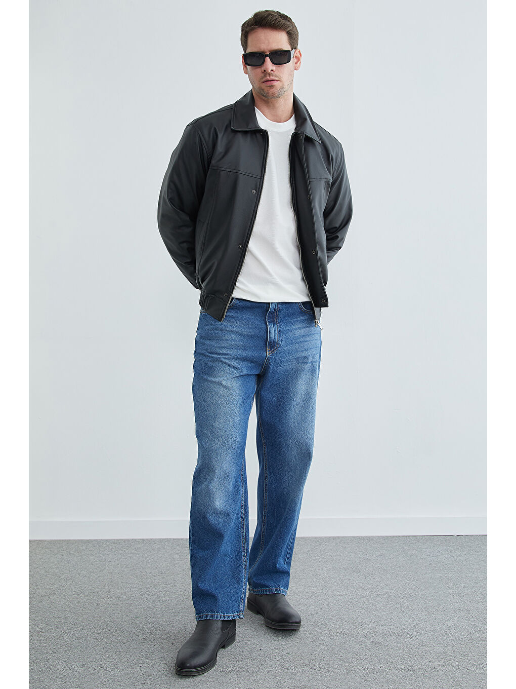 Siyah Fermuarlı Polo Yaka Erkek Bomber Suni Deri Ceket-4