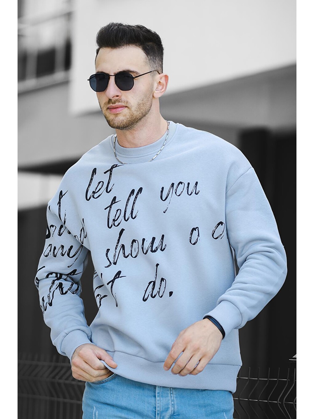 Gri Üç İplik Şardonlu Baskılı Bisiklet Yaka Erkek Sweatshirt-1