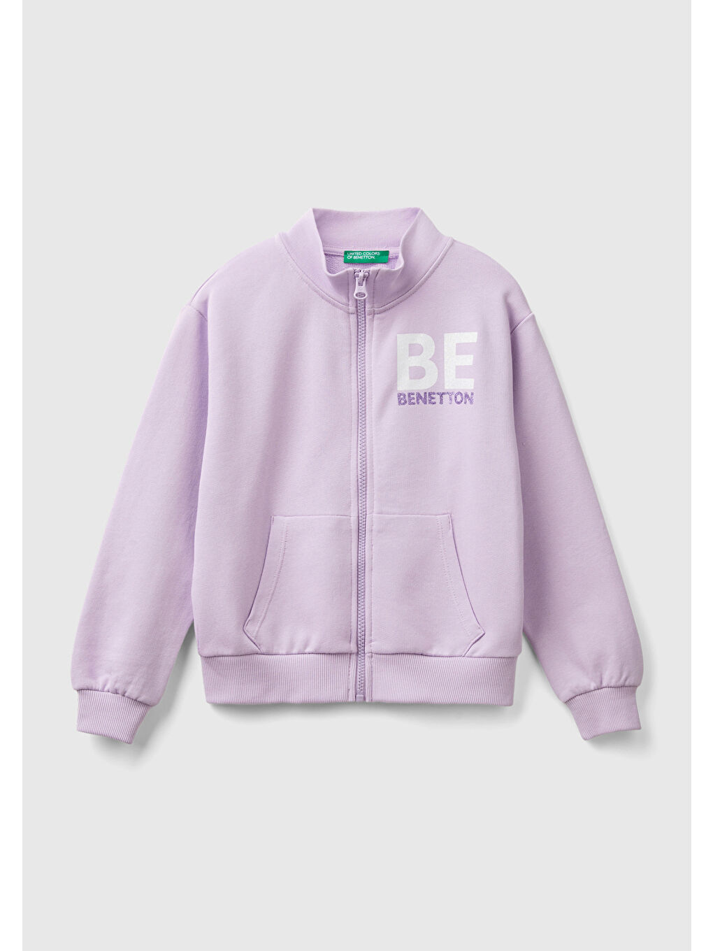 United Colors Of Benetton Lila Kız Çocuk Lila Parıltılı Logo Baskılı Fermuarlı Cepli Yüksek Yaka Sweatshirt