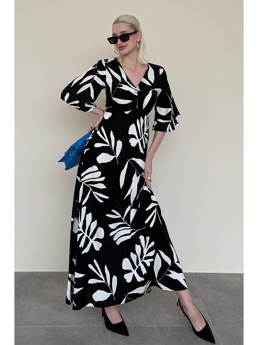 Siyah Desenli Yarım Kollu Elbise Mg2395-1