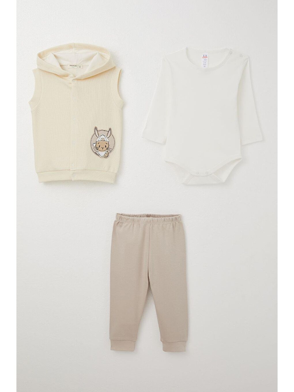 Ekru Erkek Bebek Zıbınlı 3 Lü Takım Sevimli Tavşancık Armalı Krem (4 Ay-1 Yaş)-4