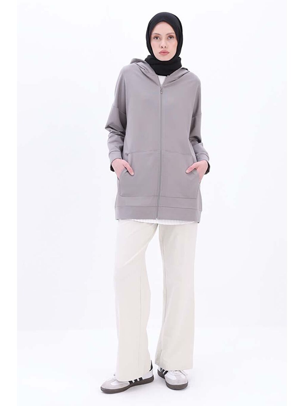 Gri Kapüşonlu Fermuarlı Sweat Hırka