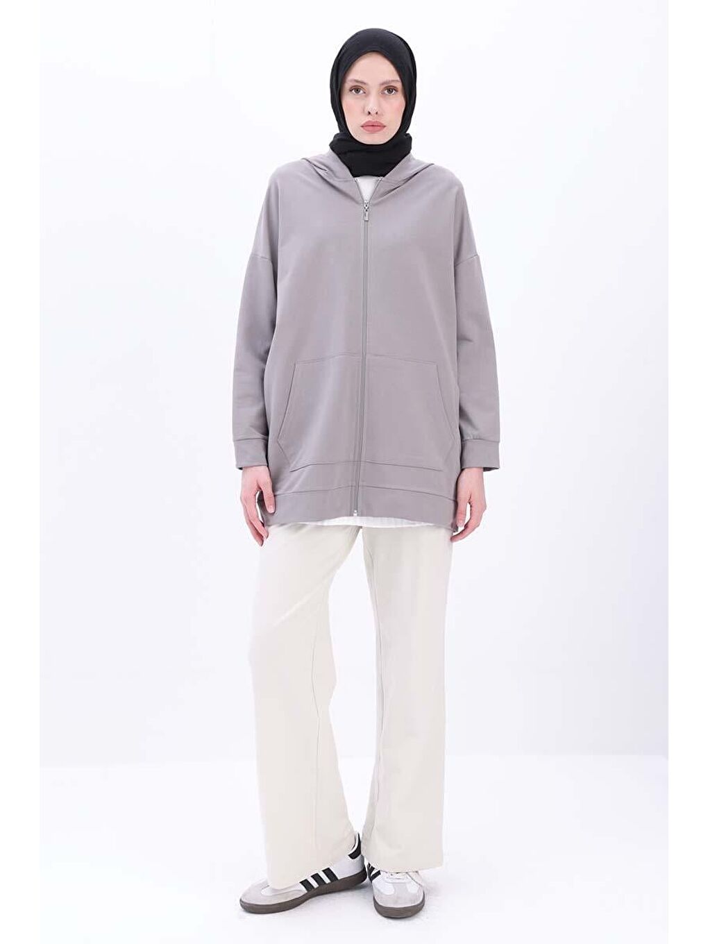 Gri Kapüşonlu Fermuarlı Sweat Hırka-1