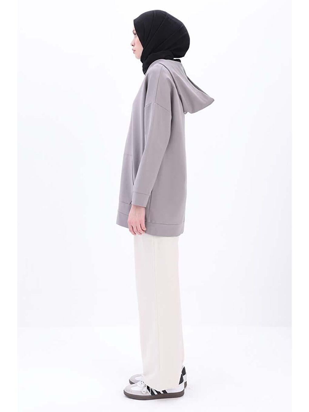 Gri Kapüşonlu Fermuarlı Sweat Hırka-2