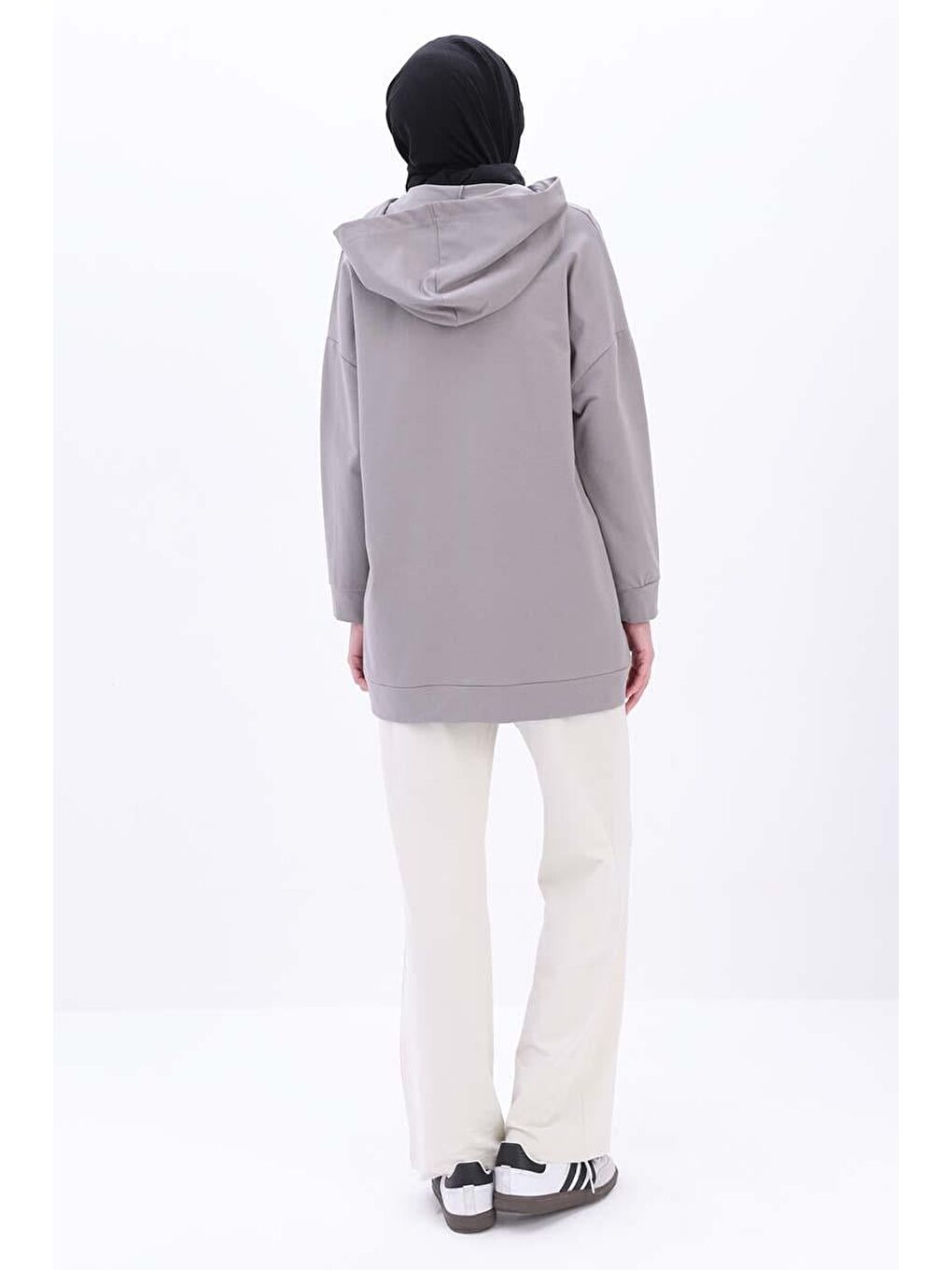 Gri Kapüşonlu Fermuarlı Sweat Hırka-3