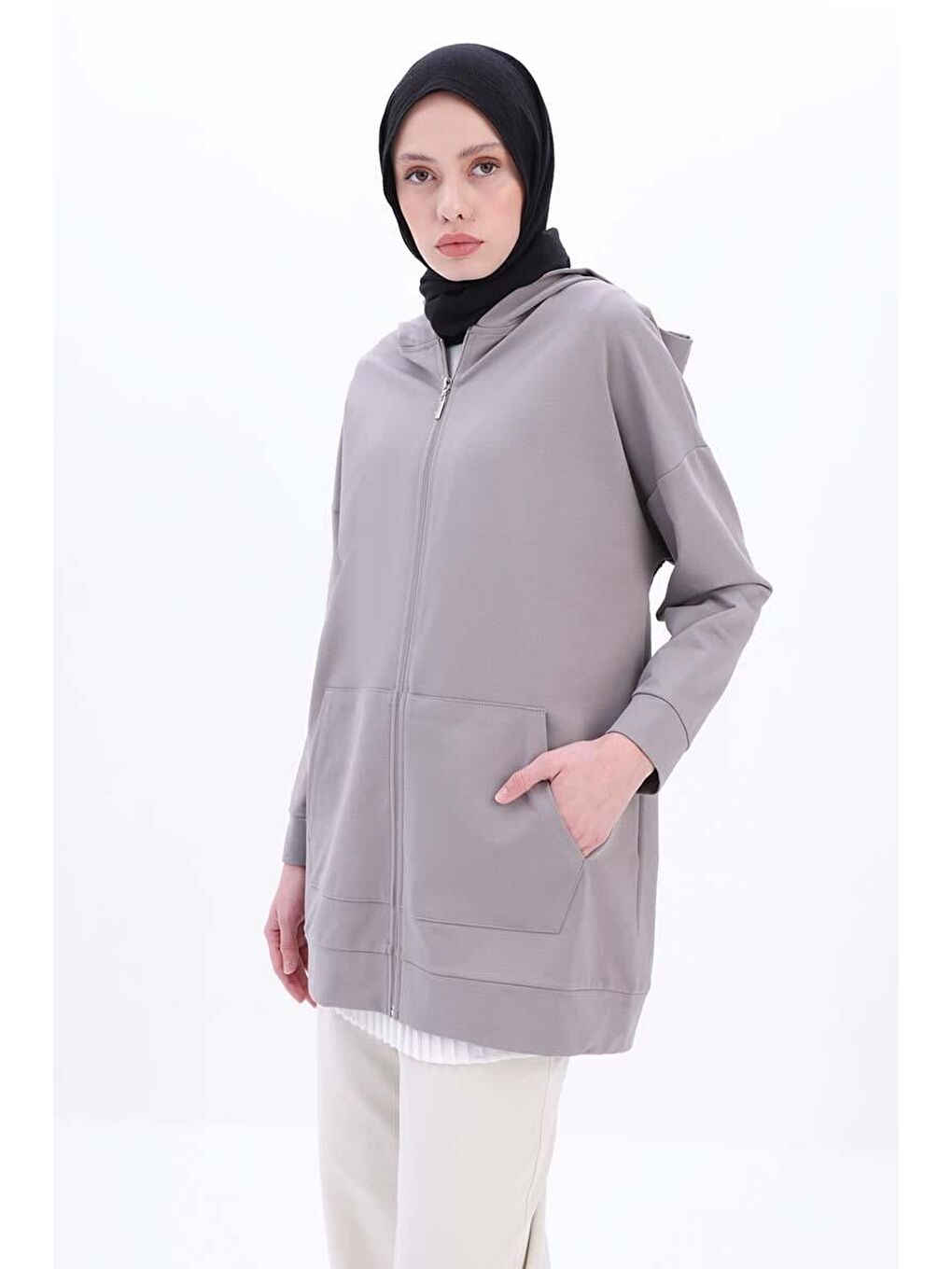 Gri Kapüşonlu Fermuarlı Sweat Hırka-4