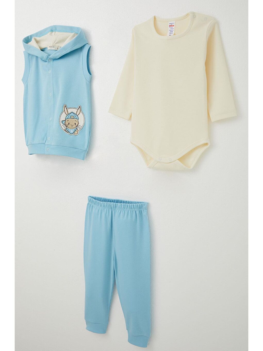 Erkek Bebek Zıbınlı 3 Lü Takım Sevimli Tavşancık Armalı Açık Mavi (4 Ay-1 Yaş)-4