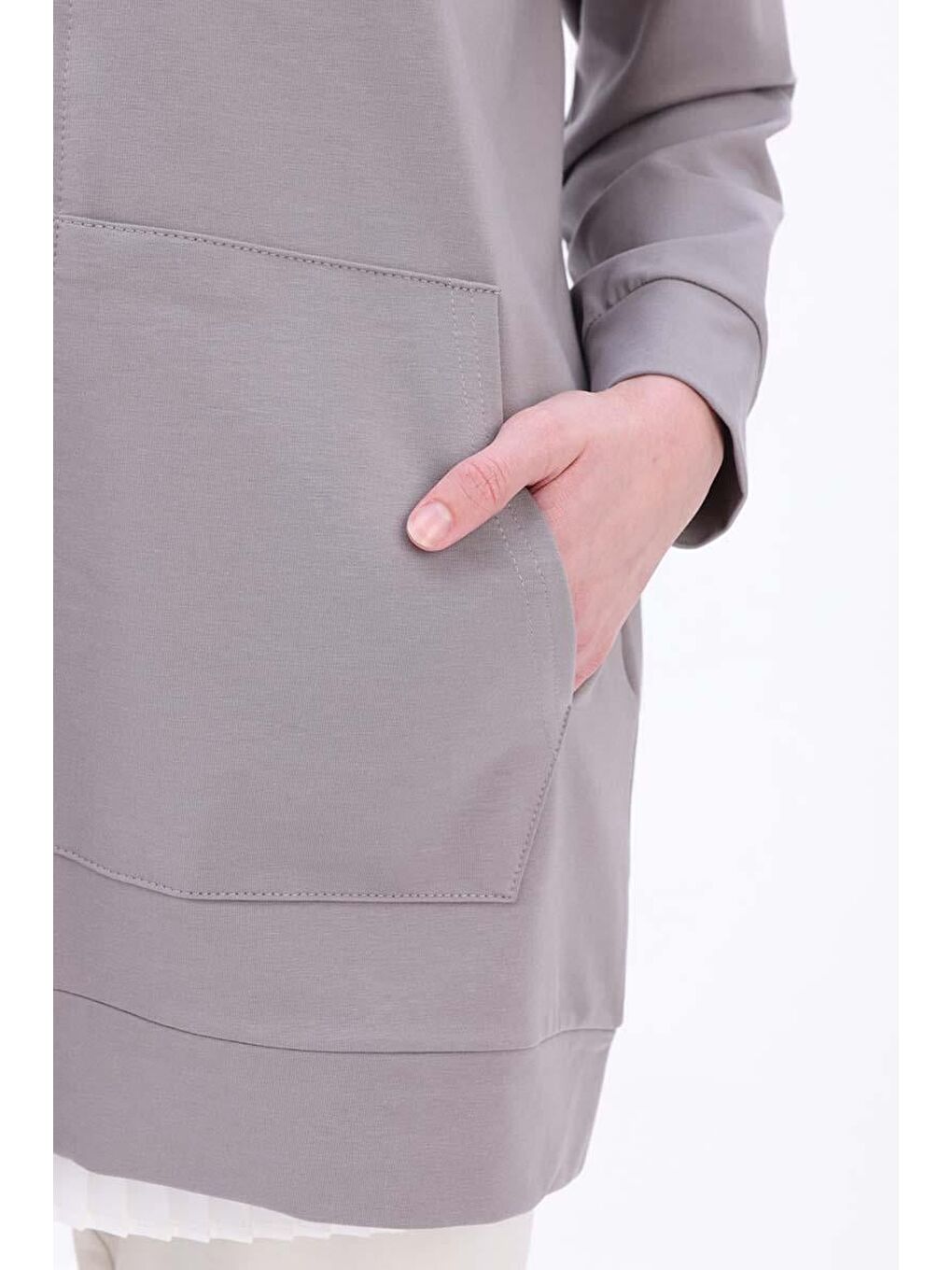 Gri Kapüşonlu Fermuarlı Sweat Hırka-5