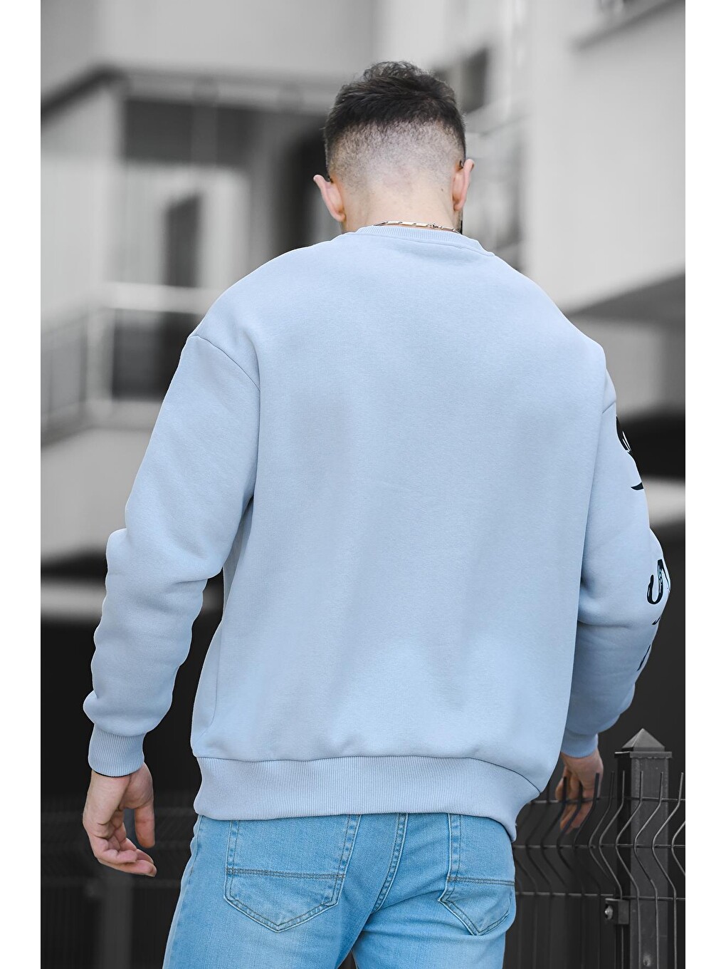Gri Üç İplik Şardonlu Baskılı Bisiklet Yaka Erkek Sweatshirt-2