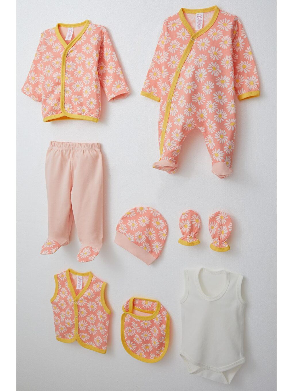 Pembe Kız Bebek Hastane Çıkışı 8 li Papatya Desenli Somon (0-3 Ay)-1