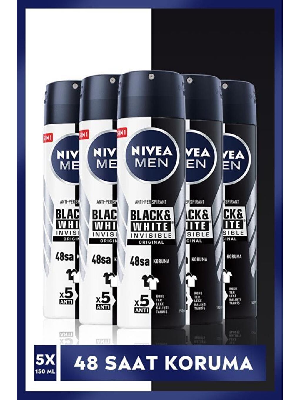 NIVEA Şeffaf Men Erkek Sprey Deodorant Black&White Invisible Original 48 Saat Anti-Perspirant Koruma 150 ml